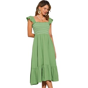 INSPIRE CHIC Women's Boho Square Neck Ruffle Trim Flowy Smocked Midi Sundresses - 1 of 4