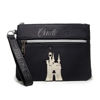 Disney Wallet, Double Pocket Wristlet, Cinderella Script Debossed, Castle Emblem Silver, Black, Vegan Leather