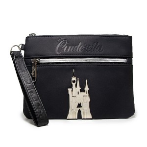 Disney Wallet, Double Pocket Wristlet, Cinderella Script Debossed, Castle Emblem Silver, Black, Vegan Leather - 1 of 4