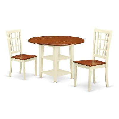 East West Furniture 3 Pc Kitchen Table set - Robust Two 9-Inch Drop Down Leaves Solid Wood Dinette Table & 2 Wooden Seat Dining Chairs,  White
