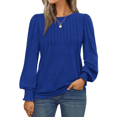 Women's Long Sleeve Pleated Blouse Top Business Casual Crewneck Shirt Smocked Ruffled Cuffs Tunic