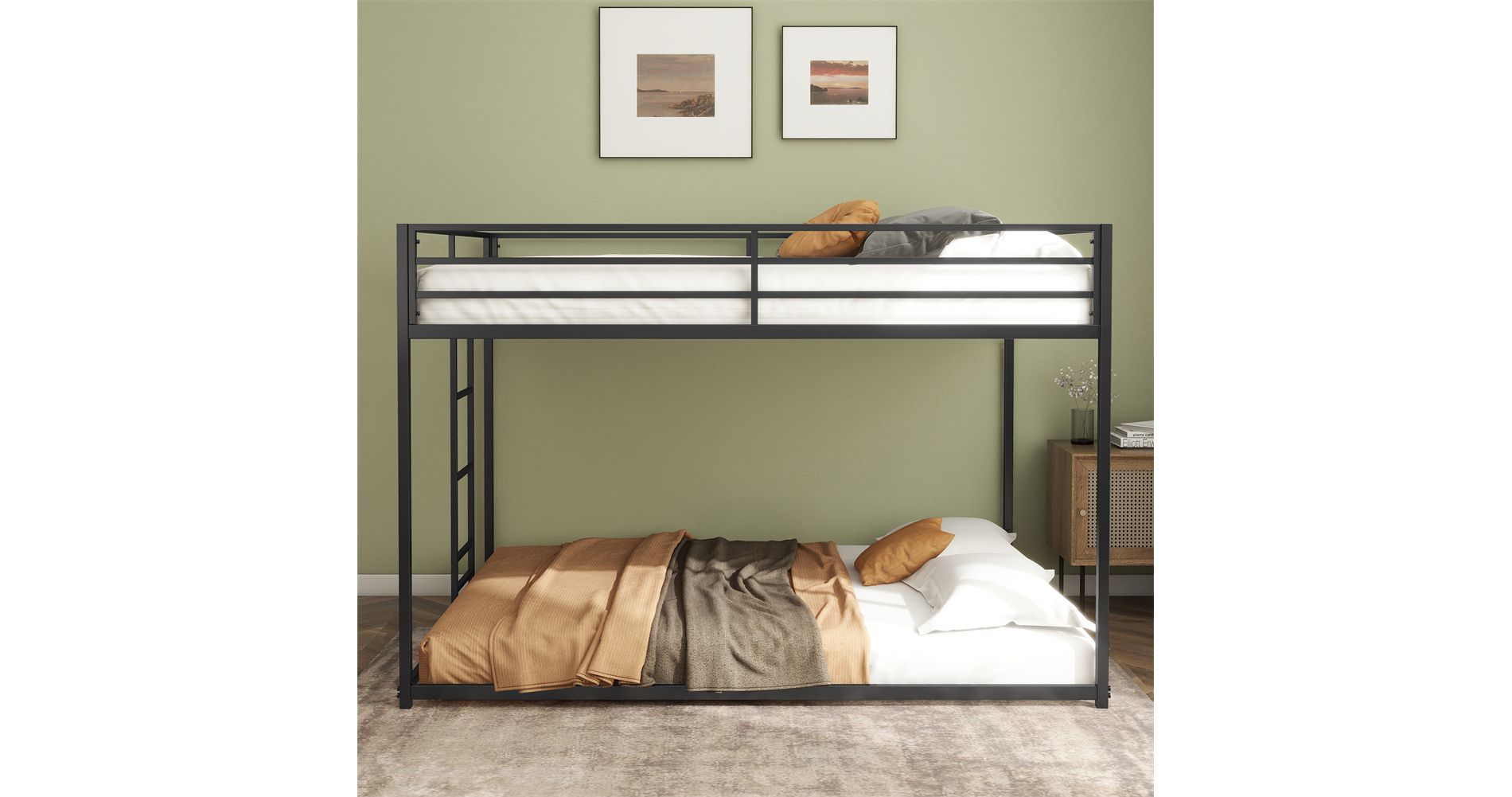 Bunk Bed Frame, Sturdy Full over Full Metal Bunk Black for Kids and Adult, Low Profile and Easy Climbing with Stable Ladder, No Box Spring Needed