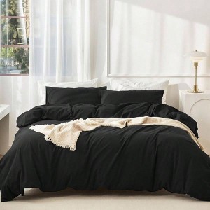 100 Washed Cotton Duvet Cover Set, 3 Pieces, Black, 80x90 Inches, Breathable Comfy - 1 of 4