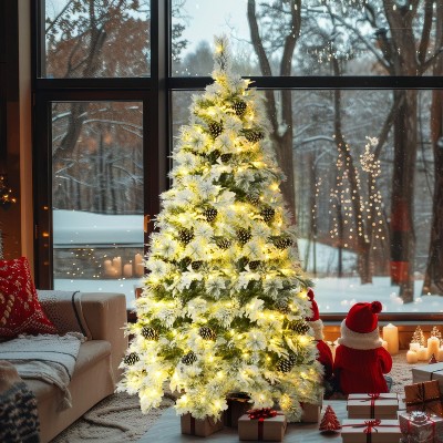 Pre-Lit Spruce Snow Flocked Xmas Tree Set-4FT, 6FT, 7.5FT, Christmas Tree with Pine Cones, 820 LED Lights & 11 Flashing Modes - Maison Boucle