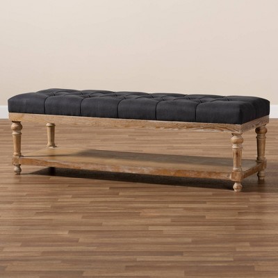 Charcoal Linen and Greywashed Wood Storage Bench with Tufted Detail