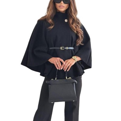 Women's Cape Coat Stand Collar Fall Winter Jacket with One Button Closure Elegant Outerwear