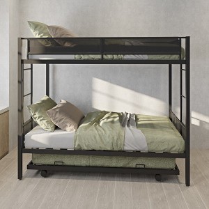 Twin Over Twin Bunk Bed With Trundle, Wood Slats, 2 Side Ladders, Guardrail Metal Bed Frame, No Spring Box Needed Sturdy Metal Frame For Bedroom - 1 of 4