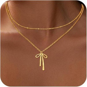 Gold Bow Pendant Necklace for Women, 14K Gold Plated CZ Bead Choker Christmas Gift - 1 of 4