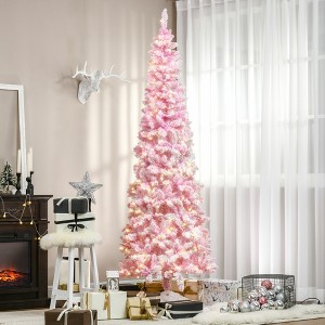 YOOCOZZ Christmas Decor- Prelit Snow Flocked Pencil Artificial Xmas Tree, Pine Realistic Branches, Warm White LED lights, Auto Open, Pink & White - 1 of 4