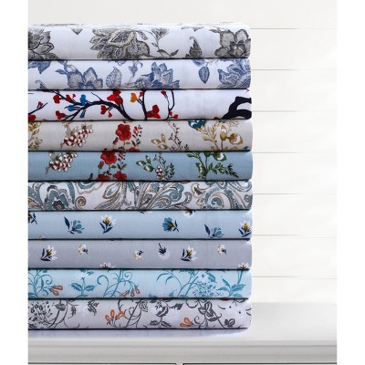 Queen Blue Floral Cotton Flannel Deep Pocket Sheet Set