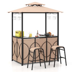 Costway 3 PCS Patio Bar Set with Tempered Glass Bar Table Metal Storage Shelves for Garden Brown/Grey - 1 of 4