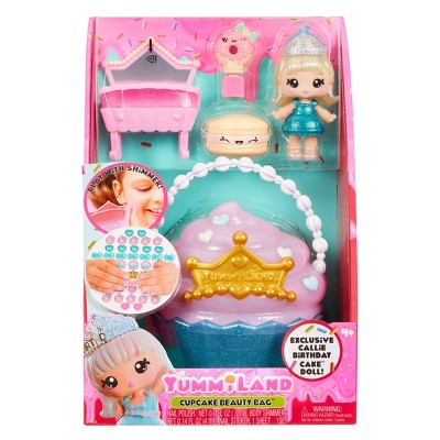 Yummiland Beauty Bag Playset Lip Gloss Doll - Cupcake Bag Includes Callie Birthday Cake, Nail Polish + Nail Stickers, Body Shimmer
