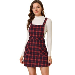 Allegra K Women's Plaid Tartan Button Decor A-Line Pinafore Overall Dress - 1 of 4
