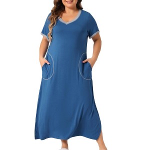 Agnes Orinda Women's Plus Size V Neck Short Sleeve Slit with Pockets Soft Long Nightgowns - 1 of 4