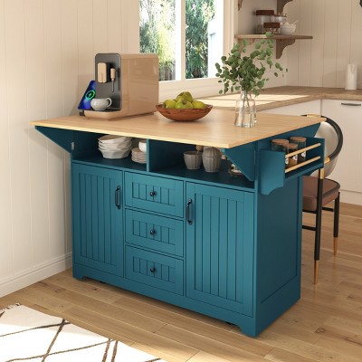 Rolling Kitchen Island On Wheels With Power Outlet And 3 Drawers,Kitchen Cart With 2 Drop Leaf,Spice And Towel Rack -Maison Boucle