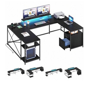 U Shaped Desk With Power Outlets & LED Lights Desk With Drawers Corner Computer Desk Office Desk With Monitor Stand & Storage Shelves - 1 of 4