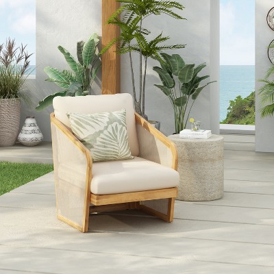 Teak Finish Acacia Wood Patio Lounge Chair with Beige Cushions