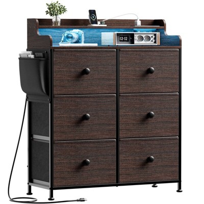 WOWLIVE Dresser for Bedroom with Charging Station and LED Lights, 6 Drawers Dresser TV Stand with Wooden Top