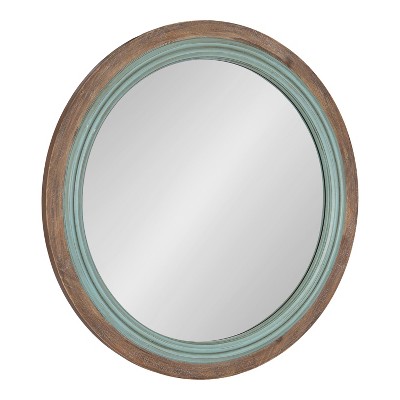 Rustic Blue and Brown Round Wood Bathroom Vanity Mirror