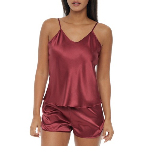 ADR Women's Cami Top & Shorts Pajamas Set, Satin PJs Burgundy Medium