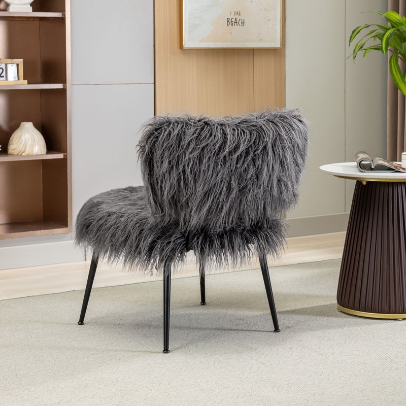 25''W Faux Fur Plush Accent Chair With Ottoman, Fluffy Upholstered Armless Chair With Stool-ModernLuxe, 3 of 8
