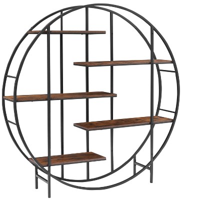 Vynxaria Rustic Brown 5-Tier Utility Storage Shelves - Round Metal Plant Stand and Display Rack
