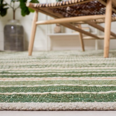 6'6" Square Green and Natural Wool Striped Kilim Rug