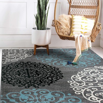 Gray and Blue Floral Synthetic Area Rug