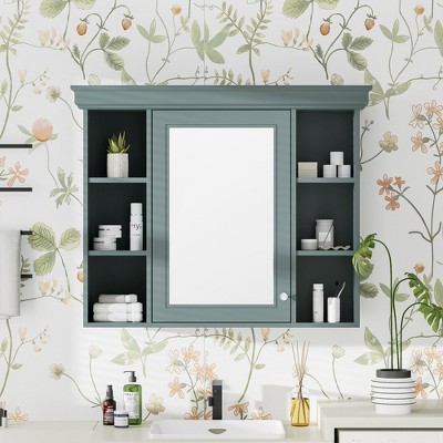 DOMETOUR Blue Wall Mounted Bathroom Cabinet with Mirror Door, Modern Medicine Cabinet with 6 Shelves, 35'' x 28''