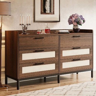 Mid-Century Modern Brown Double Dresser with Six Drawers