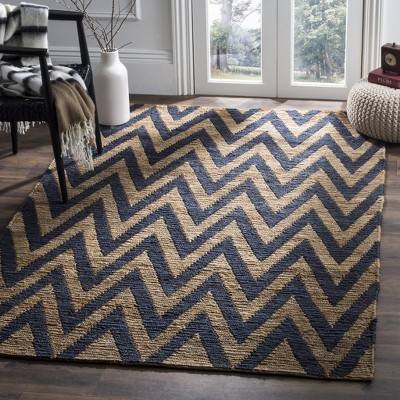 Hand-Knotted Blue and Natural Jute Chevron Area Rug 4' x 6'