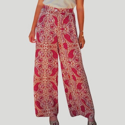 Amaryllis Women’s High Waist Wide Leg Trousers Ornate Paisley Print Lightweight Button Front Flowy Resort Pants