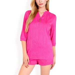 Anna-Kaci Women's Textured Two-Piece Set with Button-Up Blouse and Drawstring Shorts - 1 of 4
