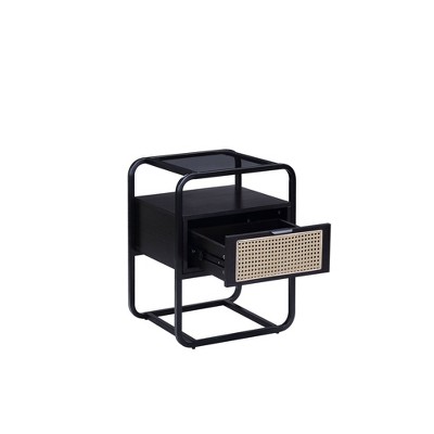 Black Metal and Wood Accent Table with Rattan Drawer