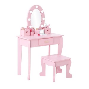Vanity with Lighted Mirror, Makeup Table and Chair Set, Kids Play Vanity Desk, Pretend Makeup Playset for Girls - 1 of 4