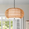 PAKOKULA Farmhouse 3-Light Black Chandelier with Yellow Cage Woven Rattan and White Drum Fabric Shade - 3 of 4