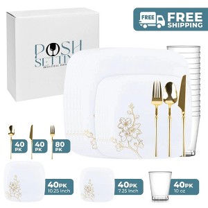 Posh Setting 280 Piece White And Gold Plastic Party Bundle - Gold Buds (40 Settings) - 1 of 4