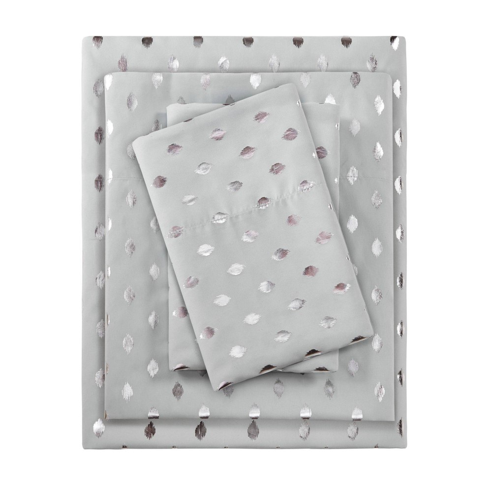 Photos - Bed Linen Queen Metallic Dot Printed Sheet Set Gray/Silver