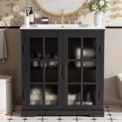 Modern Black 30 Inch Bathroom Vanity with Ceramic Sink, Tempered Glass Panel Doors and Interior Shelf, Rubber Wood Storage Cabinet-Maison Boucle