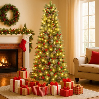 HOMDOX 6ft Pre-lit Spray White Artificial Pencil Christmas Tree, Premium Hinged Pine Lighted Slim Tree, 566 Branch Tips, 250 Lights, 11 COLORFULLIGHT