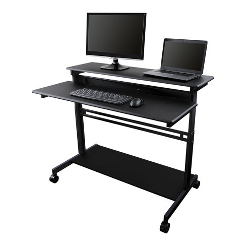 Stand Up Desk Store Mobile Rolling Adjustable Height Standing Workstation  with Printer Shelf and Slideout Keyboard Tray (White Frame/Black Top, 30  Wide) 