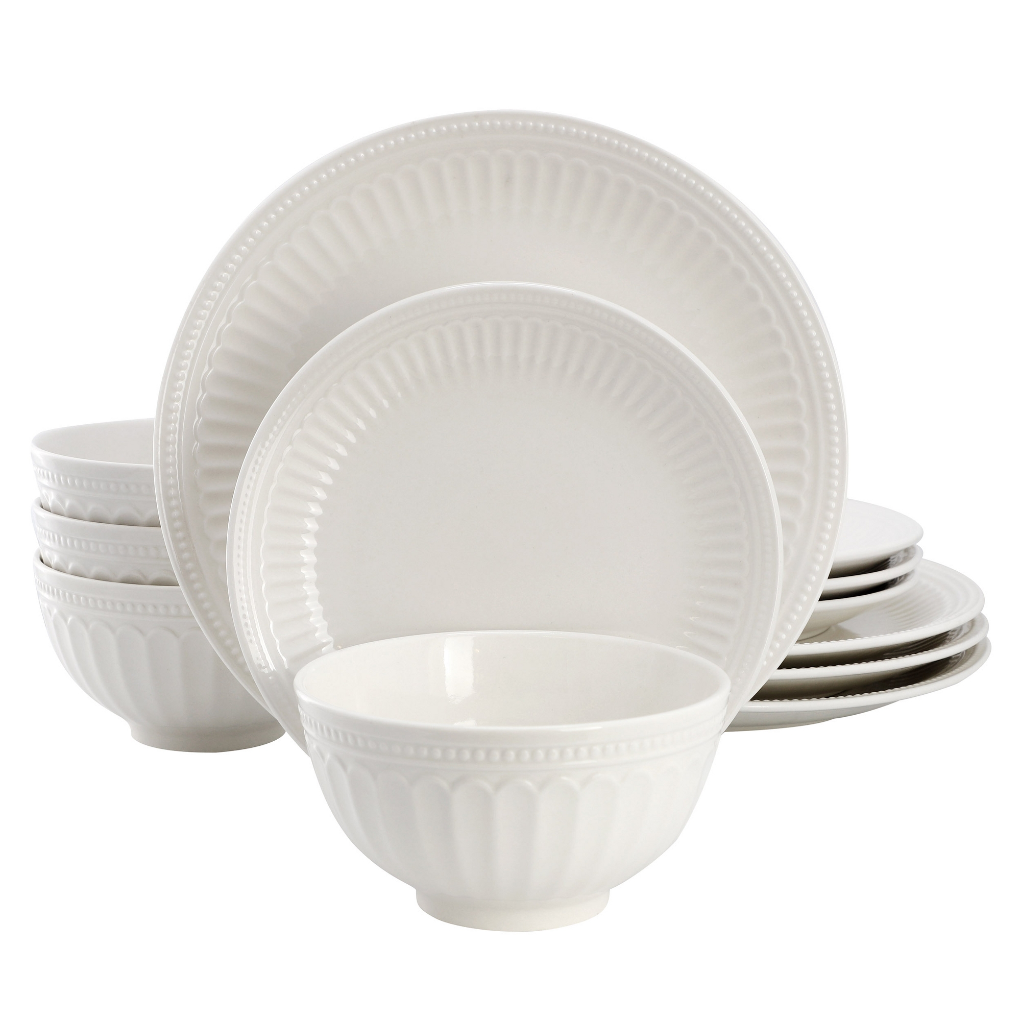 Elama Gabriella 12 Piece Stoneware Dinnerware Set in White, Service for 4