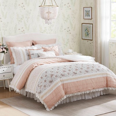Lyngins 9-Piece Cotton Percale Comforter Set – Cottage Shabby Chic Paisley Print, Lace Taping, Oeko-Tex Certified, Cal King Bedding Set
