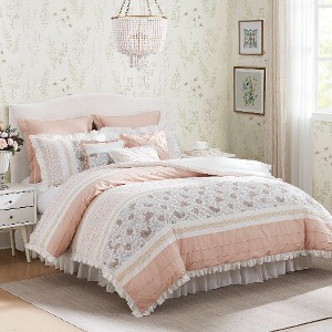Lyngins 9-Piece Cotton Percale Comforter Set – Cottage Shabby Chic Paisley Print, Lace Taping, Oeko-Tex Certified, Cal King Bedding Set - 1 of 4