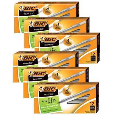 Bic Round Stic Pen, Medium Point, Black, 12 Per Pack, 6 Packs (Case of 2)
