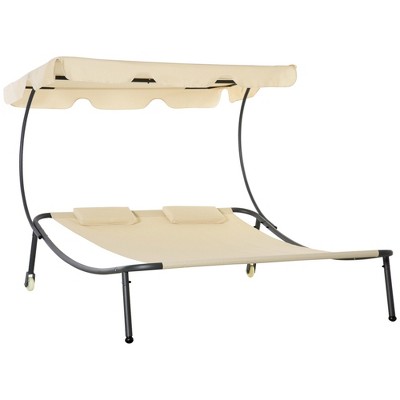 Dracelo Patio Double Chaise Lounge Chair, Outdoor Wheeled Hammock Daybed with Adjustable Canopy and Pillow for Sun Room, Garden, or Poolside, Beige