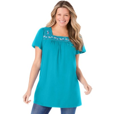 Woman Within Women's Plus Size Embroidered Square Neck Tunic