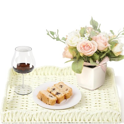 BRINJOY Scallop Tray Rectangle with Handle, Wicker Woven Tray for Decoration - Seagrass Scallop Basket Tray for Home Coffee Table Storage