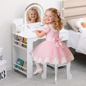 Kids Vanity Desk with Mirror, Makeup Vanity Table with Stool, Bookshelf, Drawer & Shelves, Wood Princess Dressing Table for Girls Bedroom,Playroom - 1 of 4