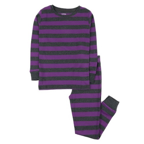 Leveret Kids Two Piece Cotton Pajamas Striped Purple And Dark Gray